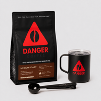 Coffee bag, mug, and scoop with 'Danger Coffee' branding on a light gray background